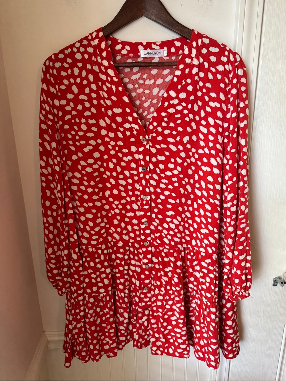 Lanremon Orange & White Printed V-Neck‎ Button Tunic Top Size Medium